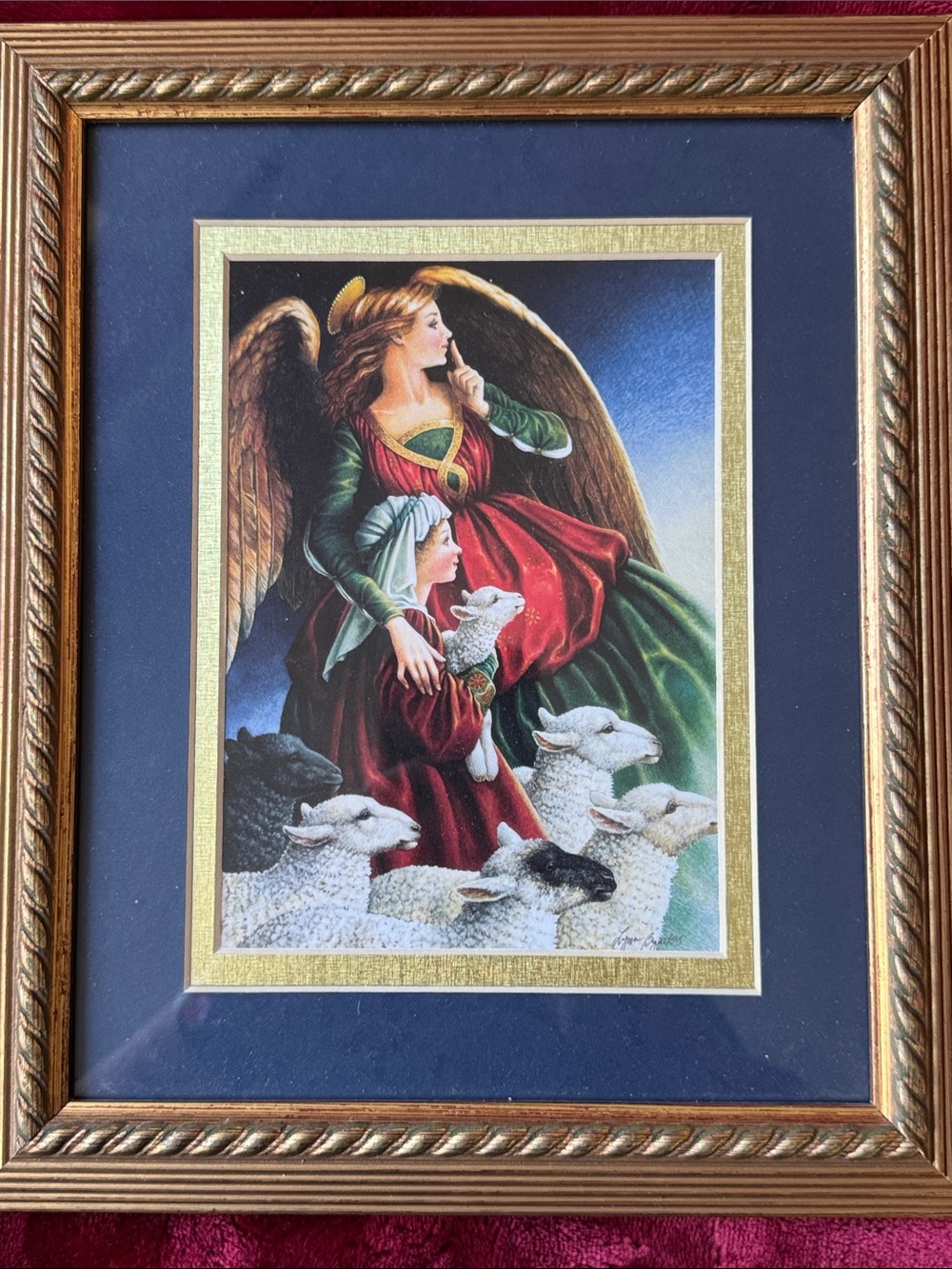Vintage “Guardian Angel” Framed Wall Art - Gold Frame, Blue Mat